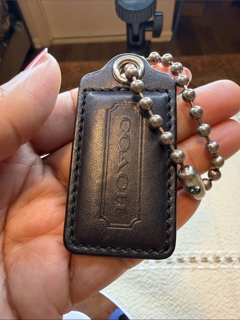 Coach Black Leather Embossed Key Tag with Silver Bead Chain